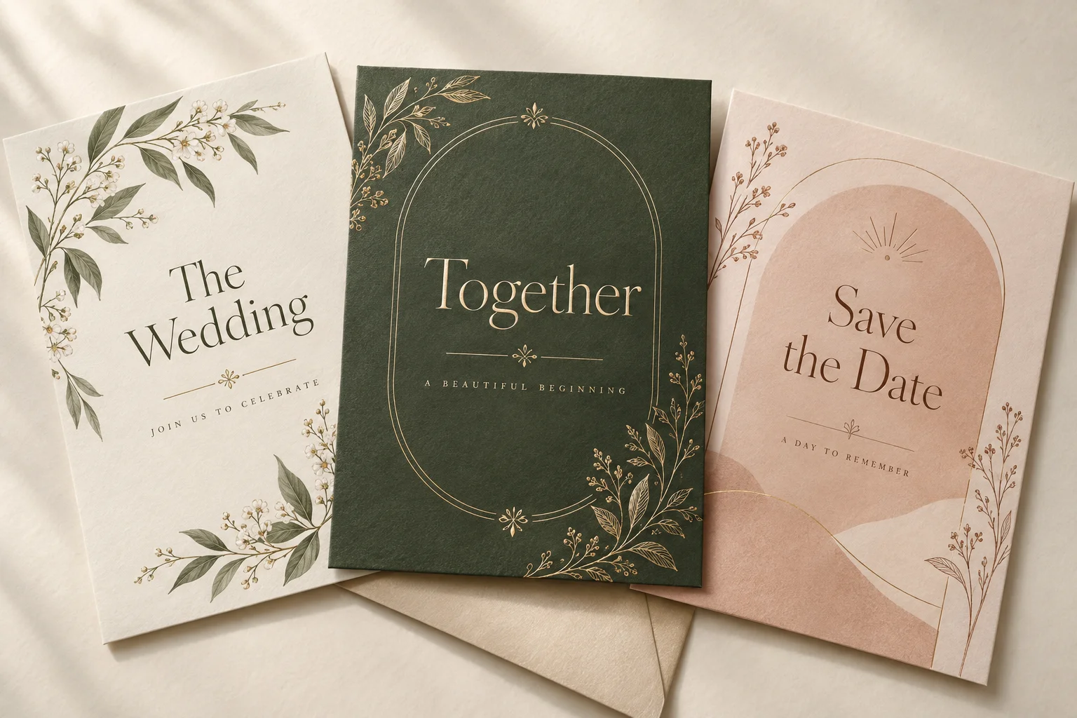 Three wedding invitation template styles: ivory botanical, forest green with gold details, and blush with a modern arch.